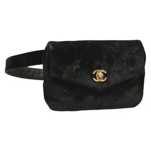CHANEL Matelasse Waist Bag Velor Black Gold CC